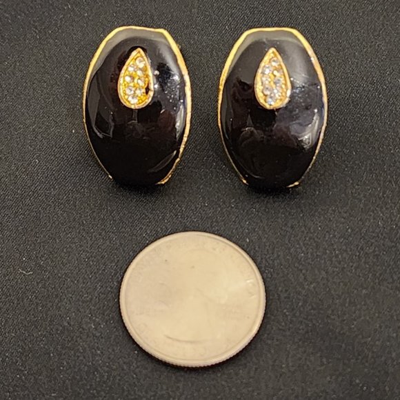 Vintage Black Enamel/Clear Rhinestone Earrings - Picture 5 of 5